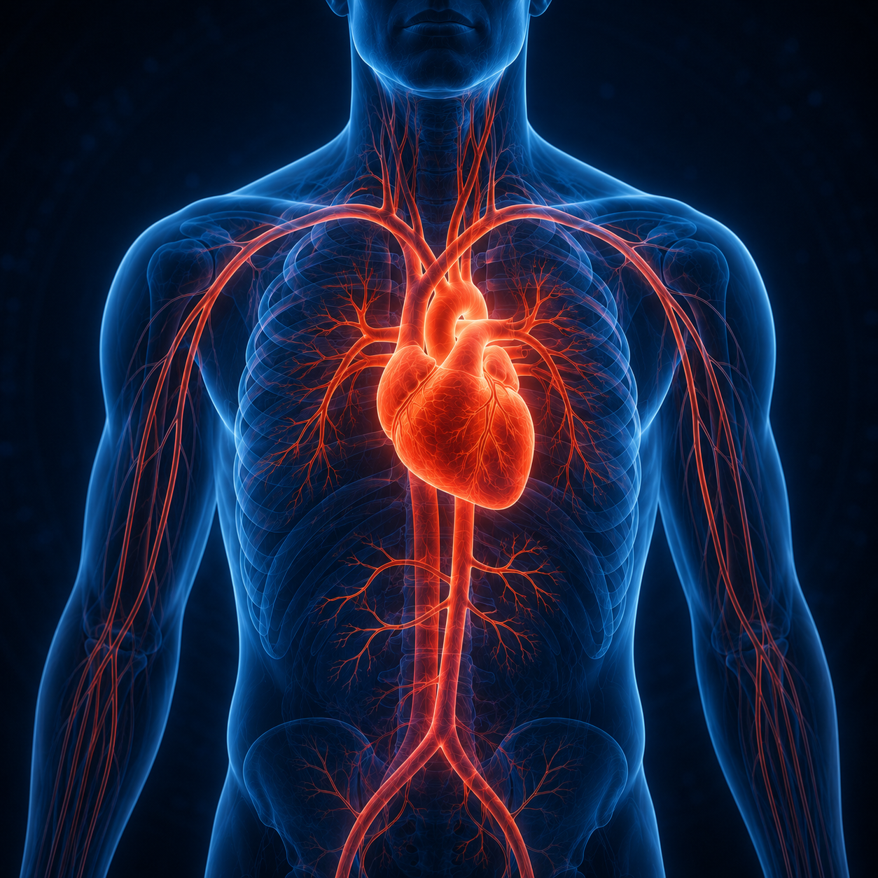 Medical illustration highlighting the heart and cardiovascular system