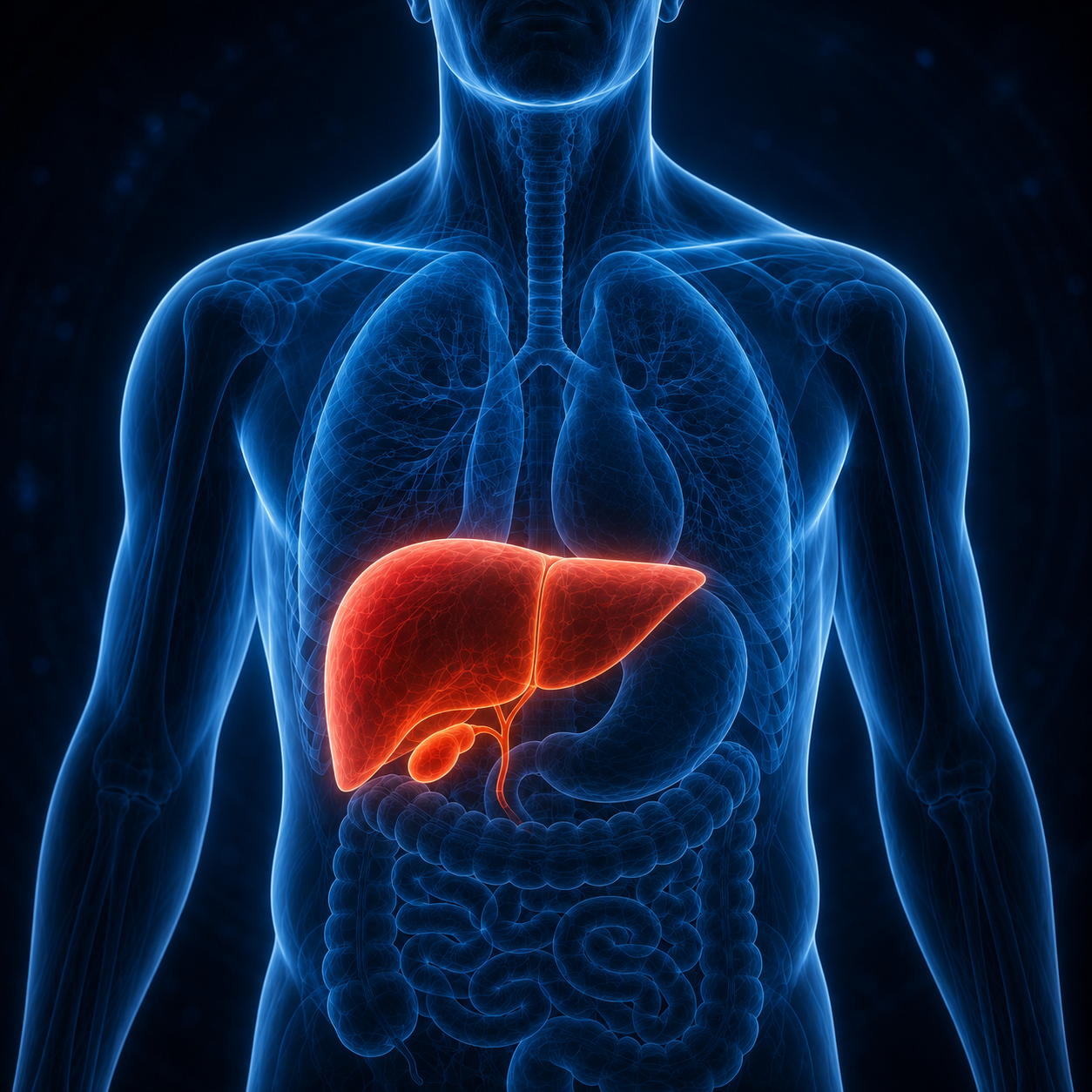 Medical illustration highlighting the liver and gallbladder