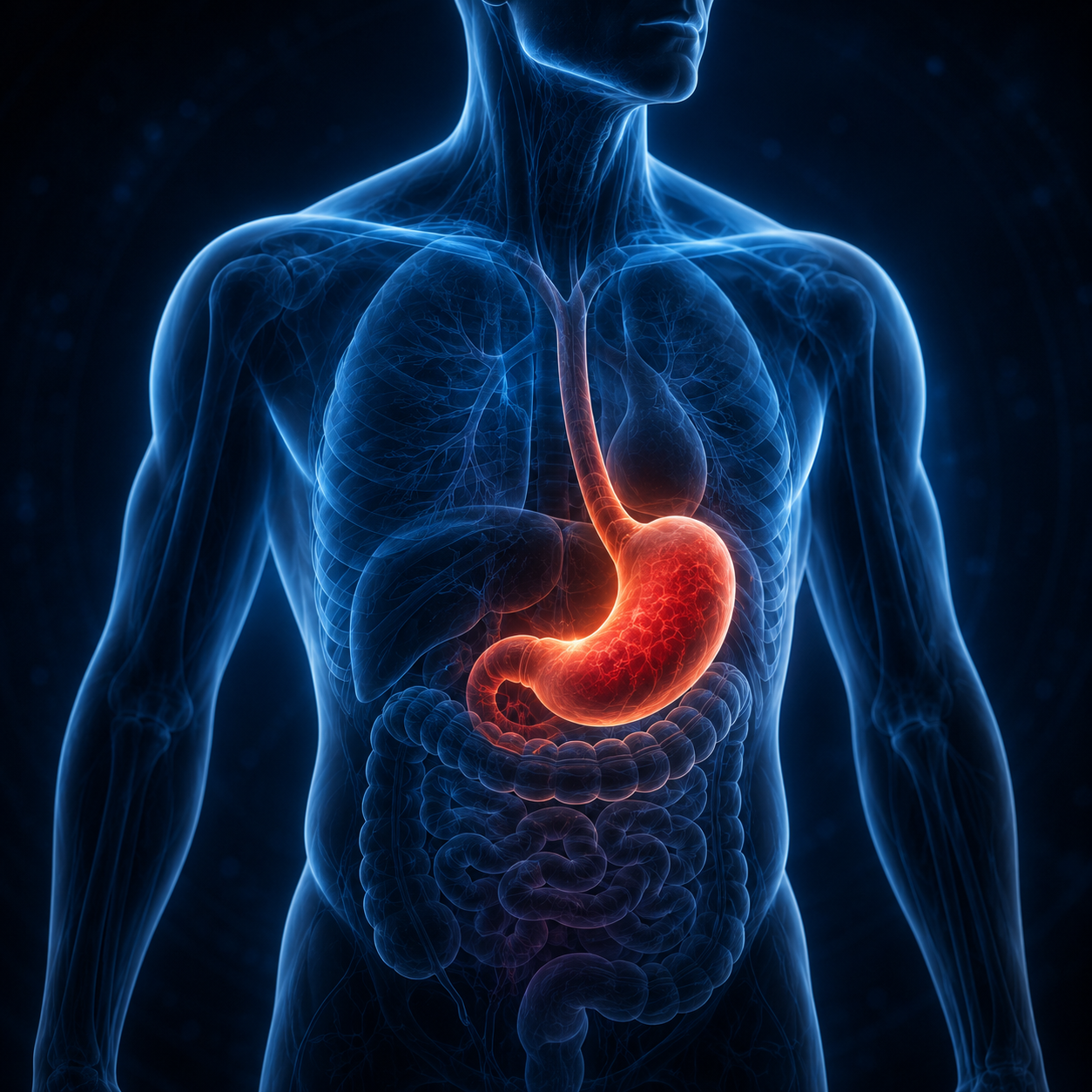 Medical illustration highlighting the stomach and digestive system