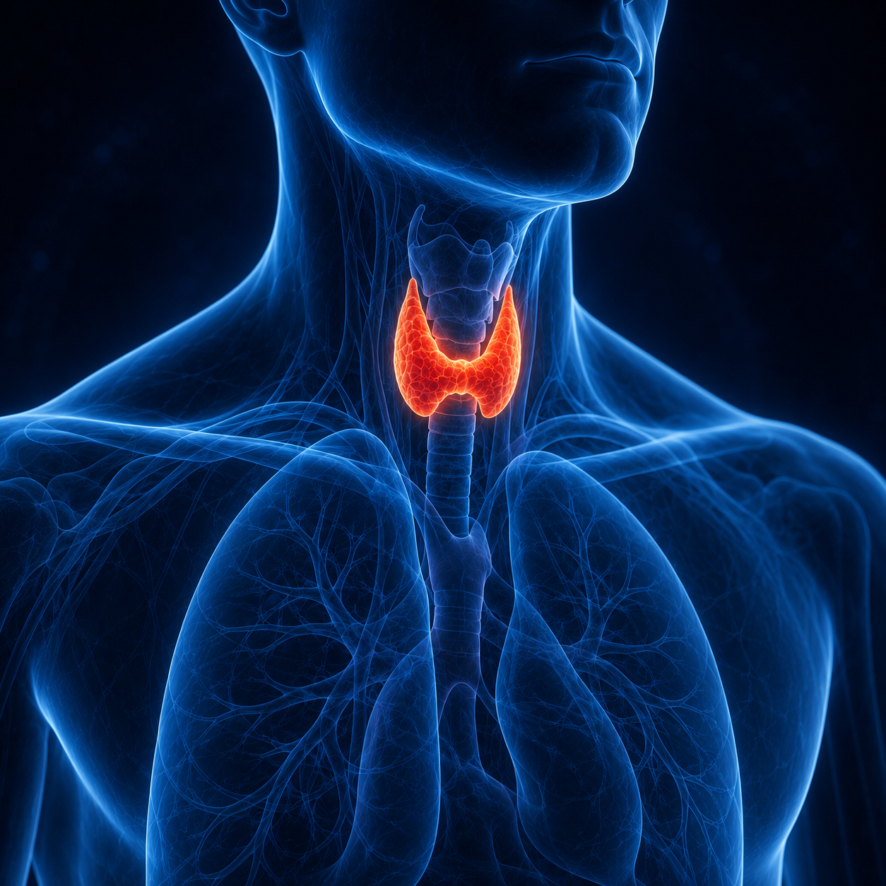 Medical illustration highlighting the thyroid gland