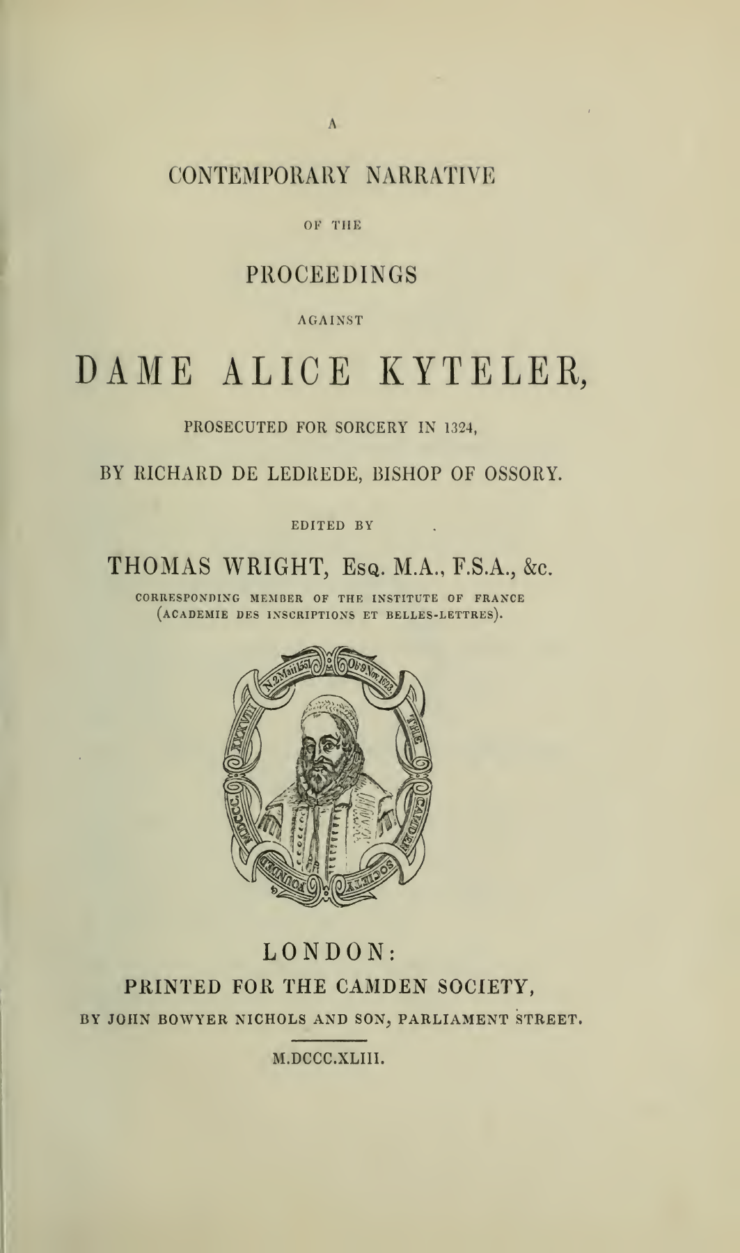 Title page of A Contemporary Narrative of the Proceedings Against Dame Alice Kyteler